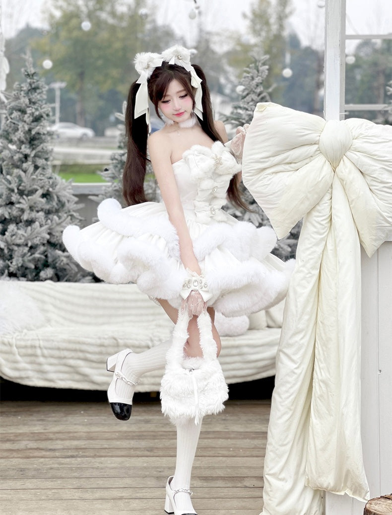 Woman in a white dress with a large white bow in an outdoor setting