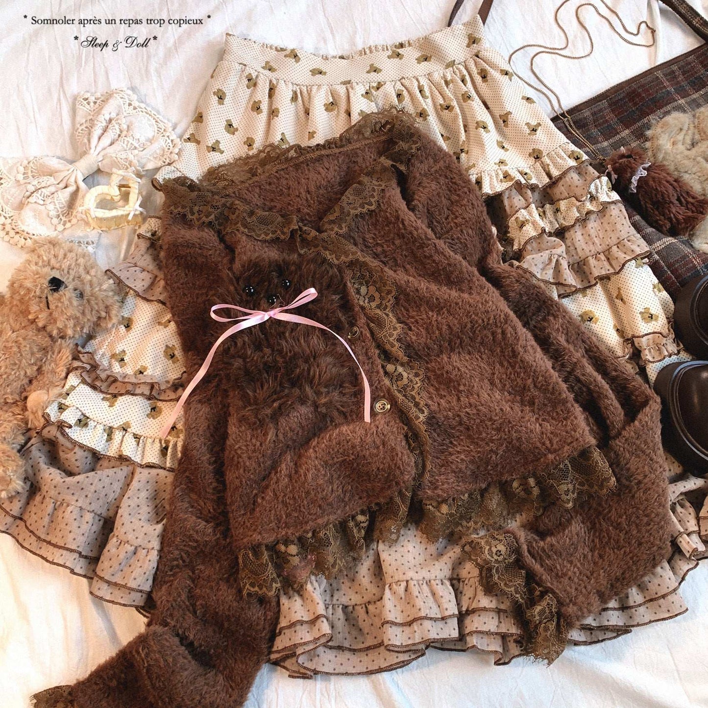 brown cardigan with fuzzy dog decoration coquette fashion