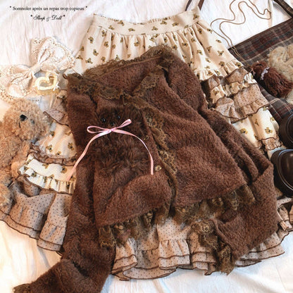 brown cardigan with fuzzy dog decoration coquette fashion