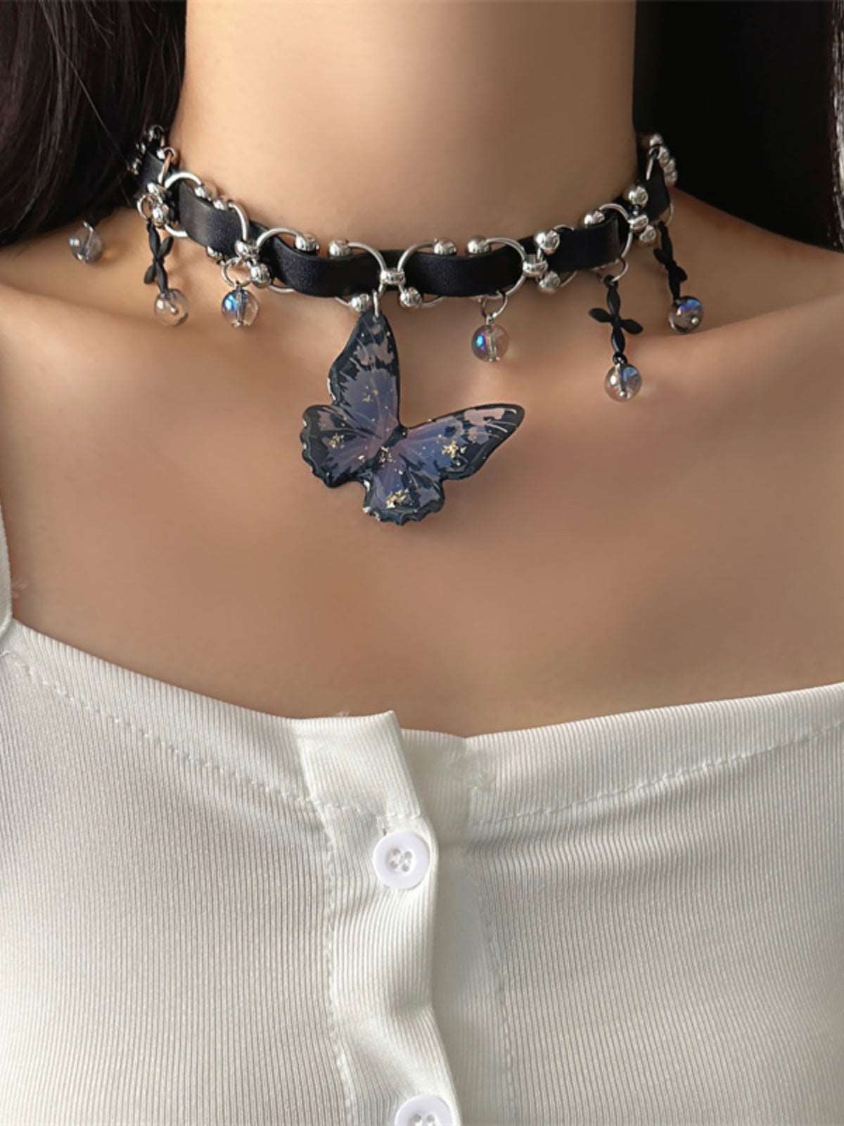 Blue Butterfly Pendant Black PU Leather Choker Necklace Sugarplum Store blue-butterfly-pendant-black-pu-leather-choker-necklace-sugarplum-store