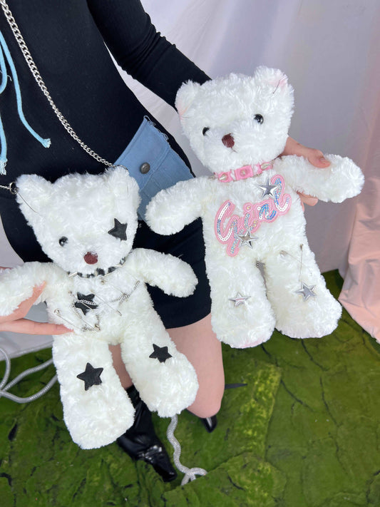 Black White Bear Doll Cute Plush Chain Star Love Collar Coin Purse Bag