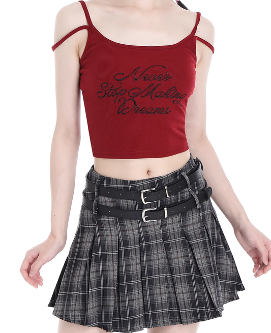 Y2K Plaid Black Gray Brown High Waist Pleated Mini Skirt Belt