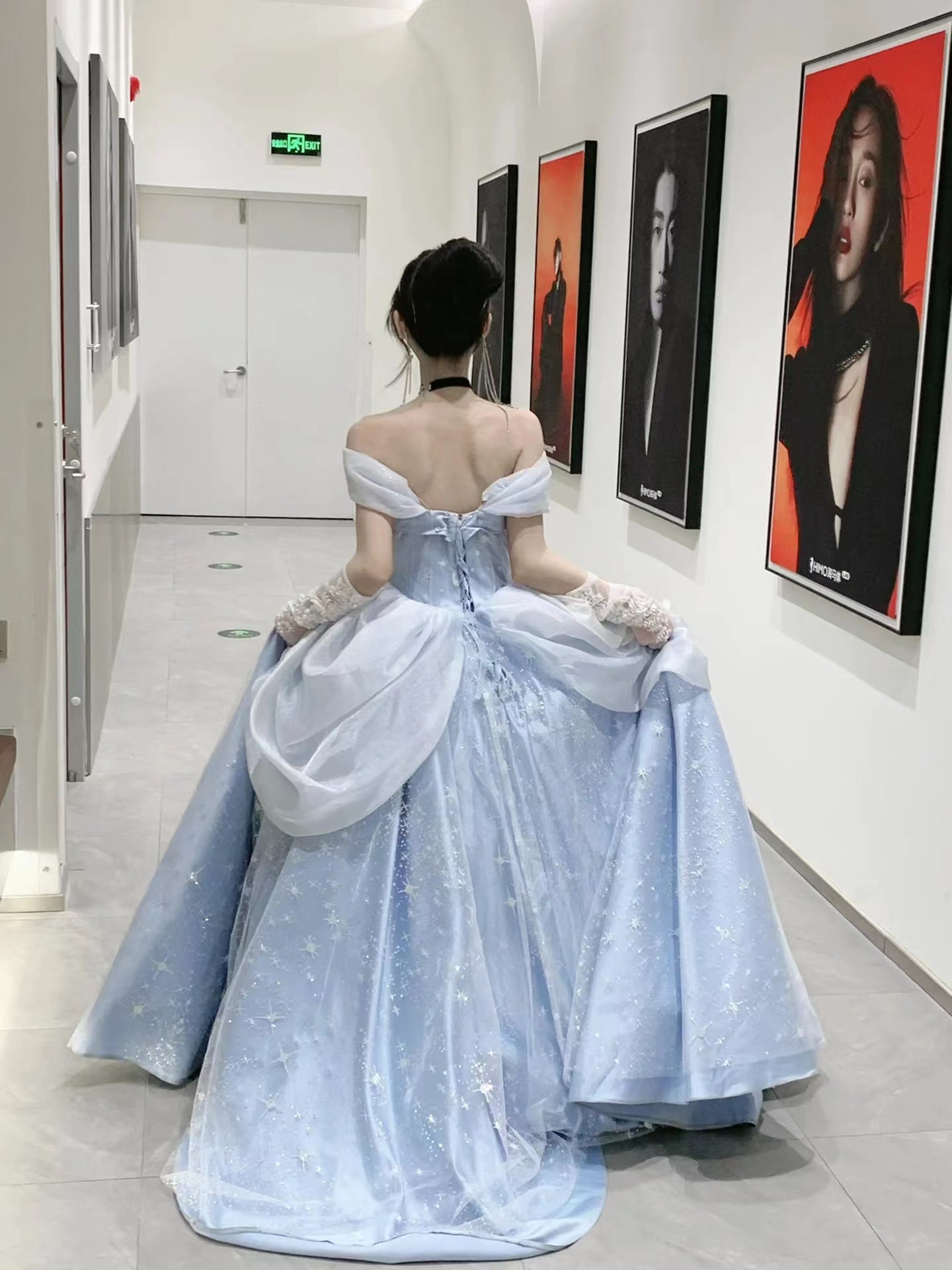 Midnight Cinderella Prom Evening Party Elegant Blue Gown Princess Fairy Puff Sleeve Tube Dress S Midnight Cinderella Prom Evening Party Elegant Blue Gown Princess Fairy Puff Sleeve Tube Dress S