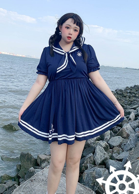 Plus Size Sailor Collar White Navy Blue Summer Dress Shorts Two Piece Sugarplum Store Plus Size Sailor Collar White Navy Blue Summer Dress Shorts Two Piece Sugarplum Store