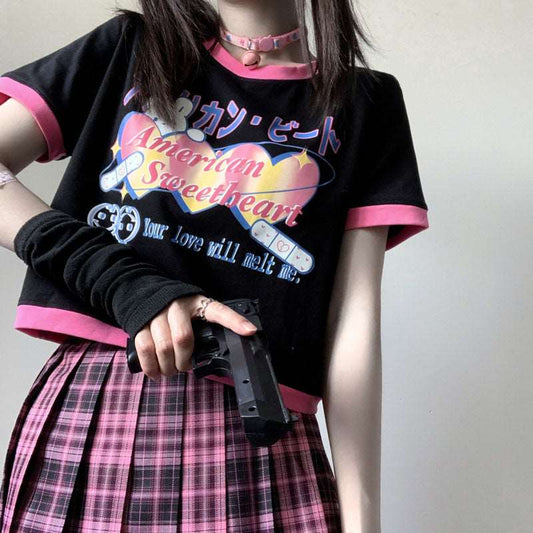American Sweetheart Bandaid Bunny Streetwear E-girl Grunge Japanese Y2K Print Cotton Black Short Sleeved T-shirt Tees Top