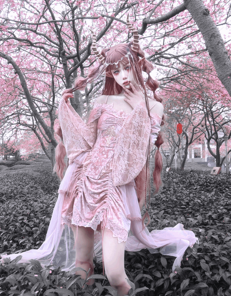 Blood Supply Guardian of Sakura Tress Gothic Lace Velvet Pink Cross Top Skirt Two Piece Set