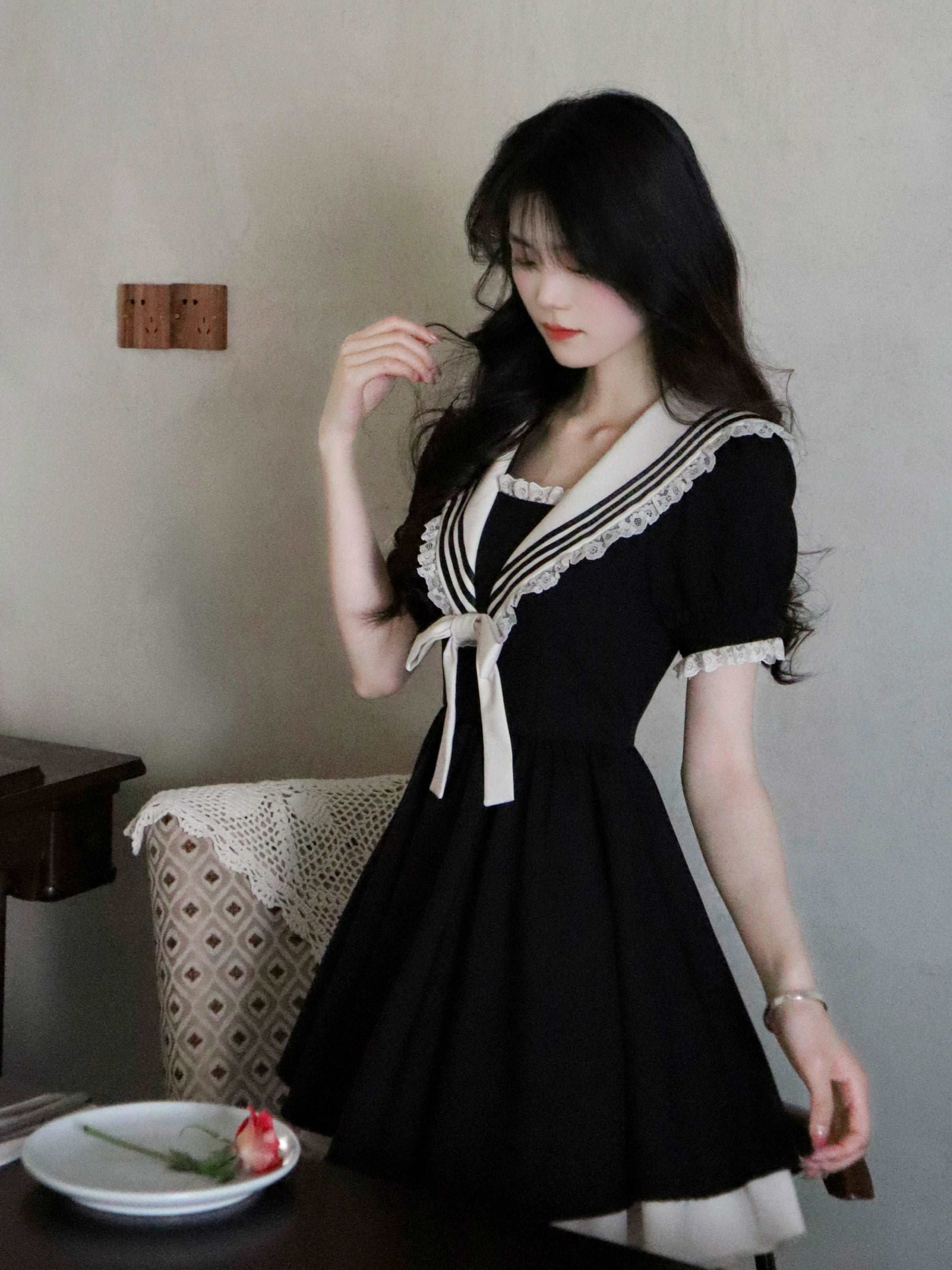 Blue Angel Classic Lace Navy Sailor Collar Short Black Summer Dress Sugarplum Store Blue Angel Classic Lace Navy Sailor Collar Short Black Summer Dress Sugarplum Store
