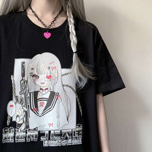 Angel Gunslinger Girl Black White Streetwear E-girl Grunge Japanese Y2K Print Cotton Short Sleeved Oversize T-shirt Tees Top