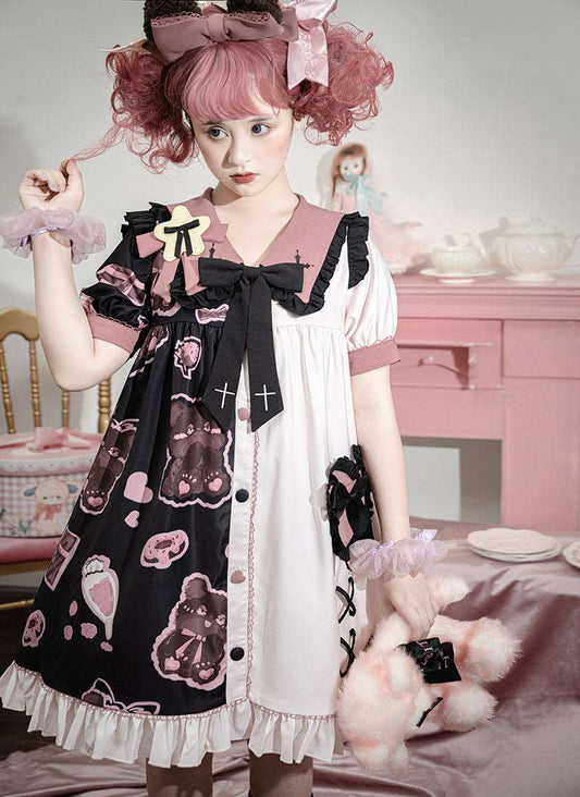 Black Pink White Teddy Bear Cross Anime Girl Grunge Sailor Collar Puff Sleeve Dress