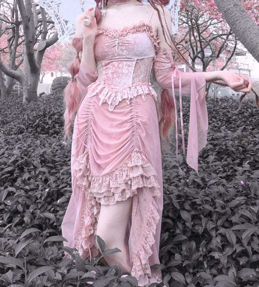Guardian of Sakura Tress Gothic Lace Velvet Pink Suspender Dress