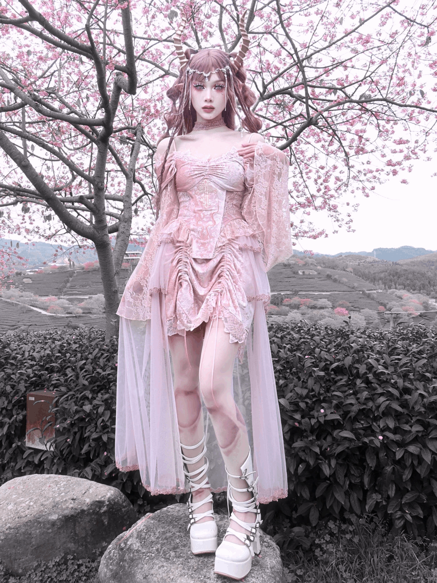 Guardian of Sakura Tress Gothic Lace Velvet Pink Cross Top Skirt Two Piece Set