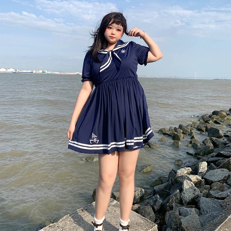 plus size dress shorts for women Plus Size Sailor Collar White Navy Blue Summer Dress Shorts Two Piece – Sugarplum Store