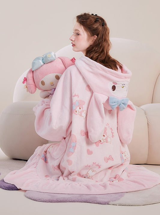Pink Cartoon Melody Plush Coral Fleece Winter Pajamas Hooded Tops & Pants Two Piece