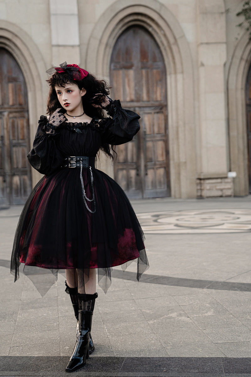 Gothic Dark Witch Off Shoulder Strap Black Red Long Sleeve Dress – Sugarplum Store