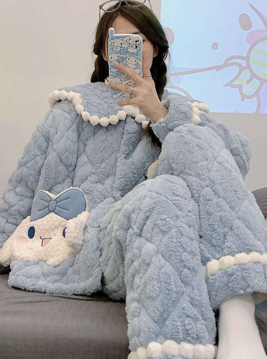 Blue Cinnamoroll Girl Thick Plush Coral Fleece Warm Winter Pajamas Sleepwear Two Piece