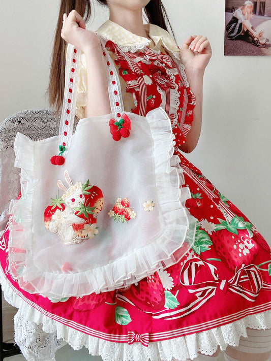 Cute Embroidery Strawberry Bunny Rabbit Cherry Messenger Shoulder Tote Bag