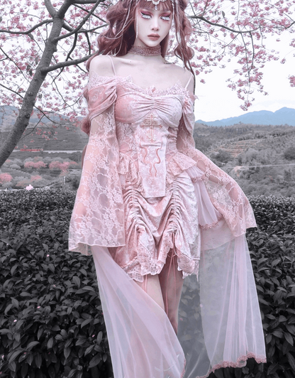 Blood Supply Guardian of Sakura Tress Gothic Lace Velvet Pink Cross Top Skirt Two Piece Set
