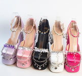 Millennium Hexagram Cross Chain Thick Sole Pink Black White Purple High Heels Shoes