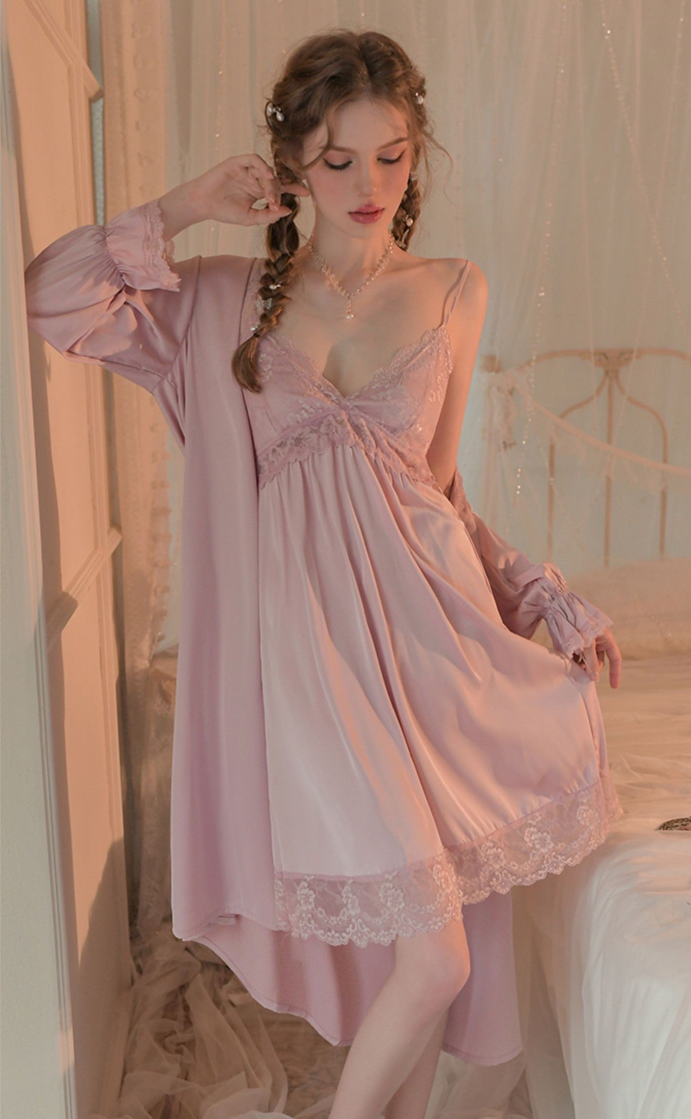 Smooth Silk Lace See Through White Pink Nightdress Nightgown Robe Sugarplum Store