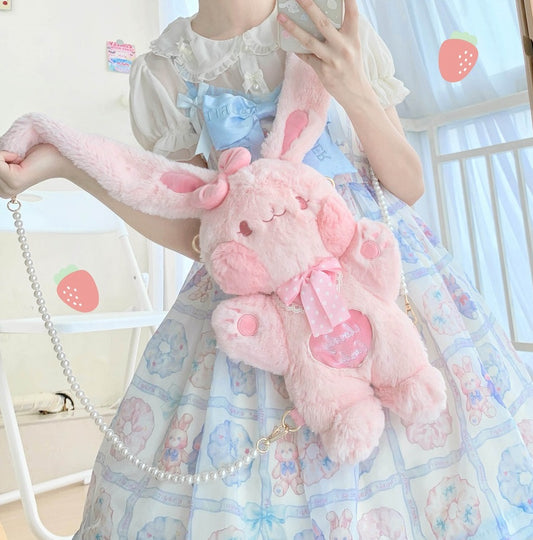 Rabbit Bunny Pink Blue Heart Love Plush Doll Messenger Bag - Sugarplum Store