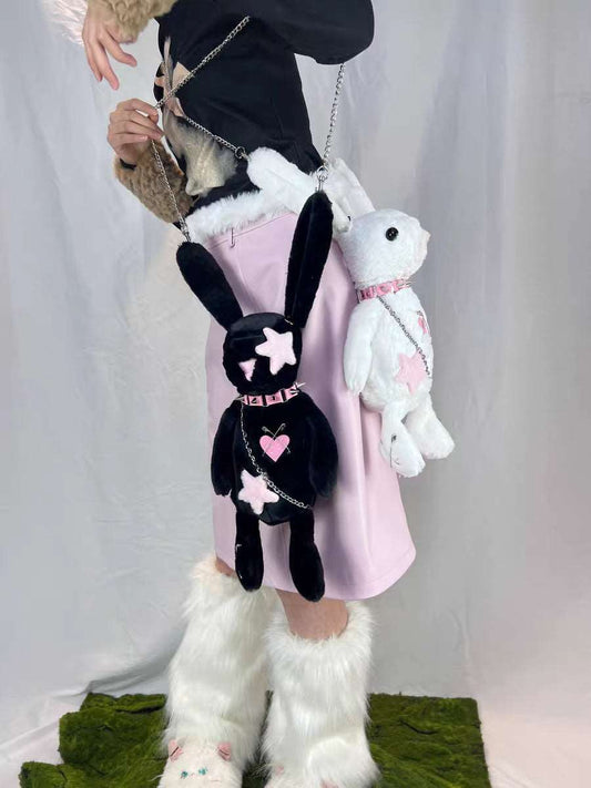 Black White Rabbit Doll Cute Plush Chain Star Love Collar Coin Purse Bag