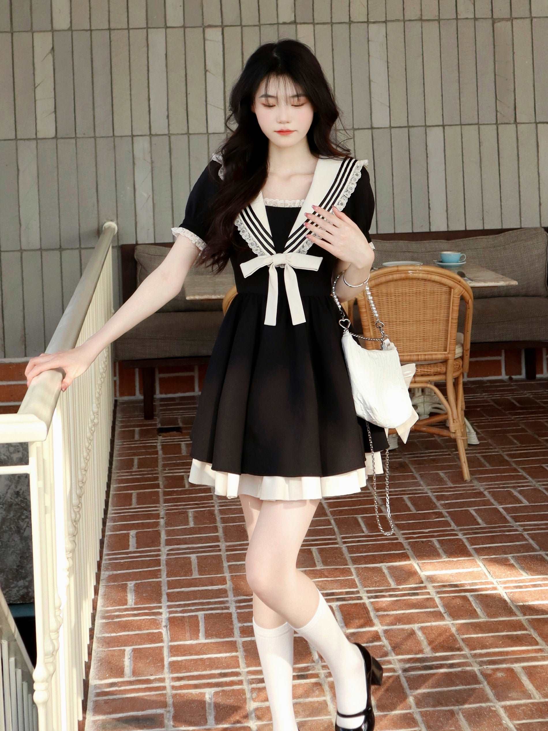 cute sailor dress Ladies Girl Gothic Dress Ruffled Midi Sailor Suit Japanese Lolita Preppy Cute