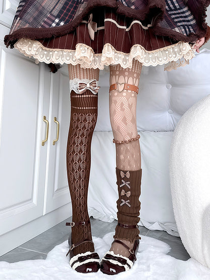 Person wearing patterned tights and shoes in a minimalistic room.