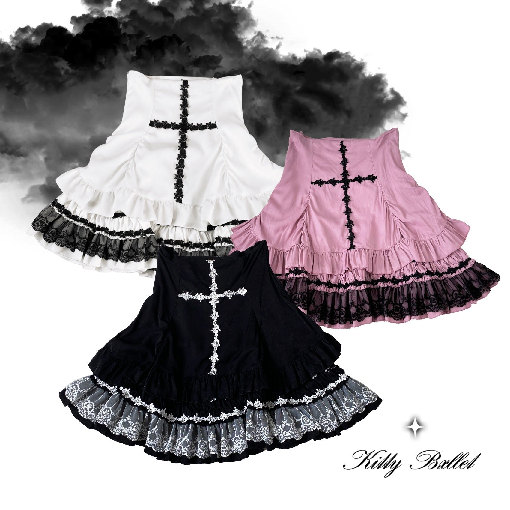Three Gothic-style skirts in black, white, and pink with cross designs on a dark background.