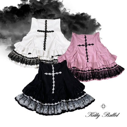 Three Gothic-style skirts in black, white, and pink with cross designs on a dark background.