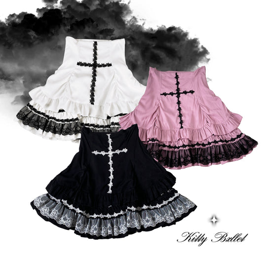 Three Gothic-style skirts in black, white, and pink with cross designs on a dark background.