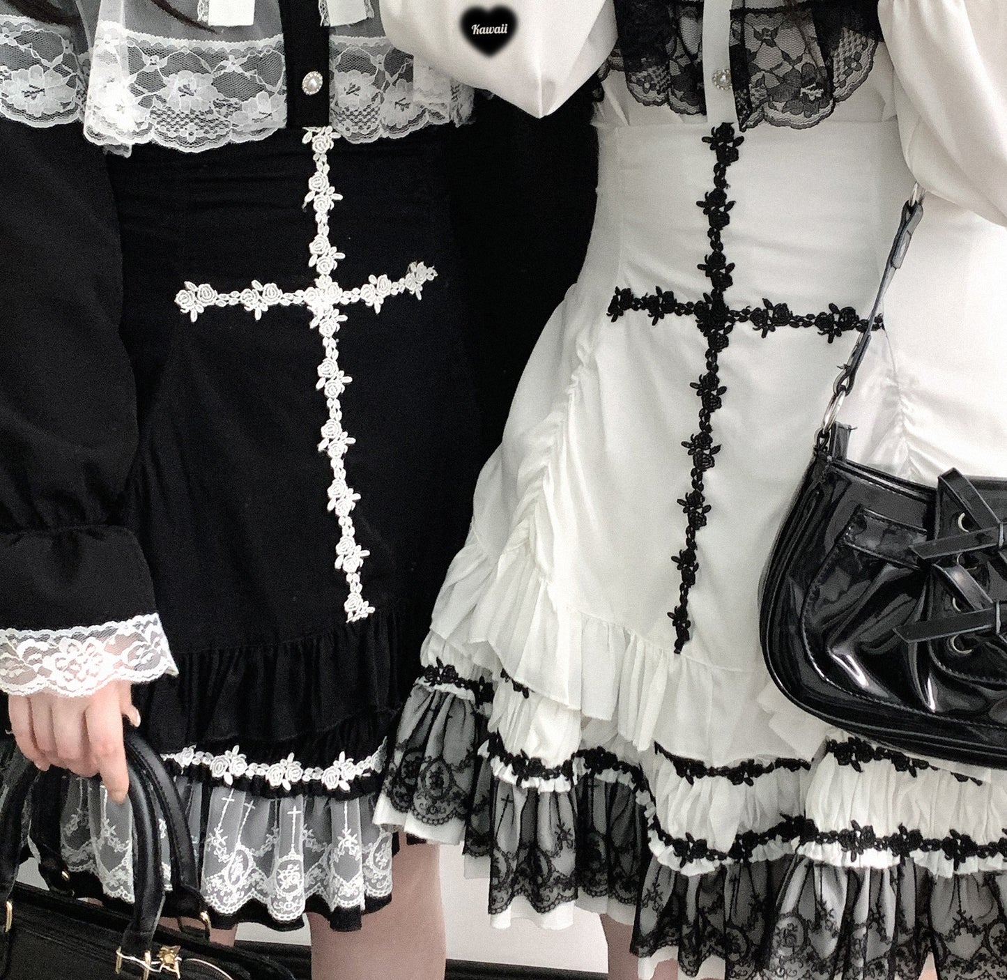 close-up of lace-sewn cross design and ruffle trim on high-waisted skirt