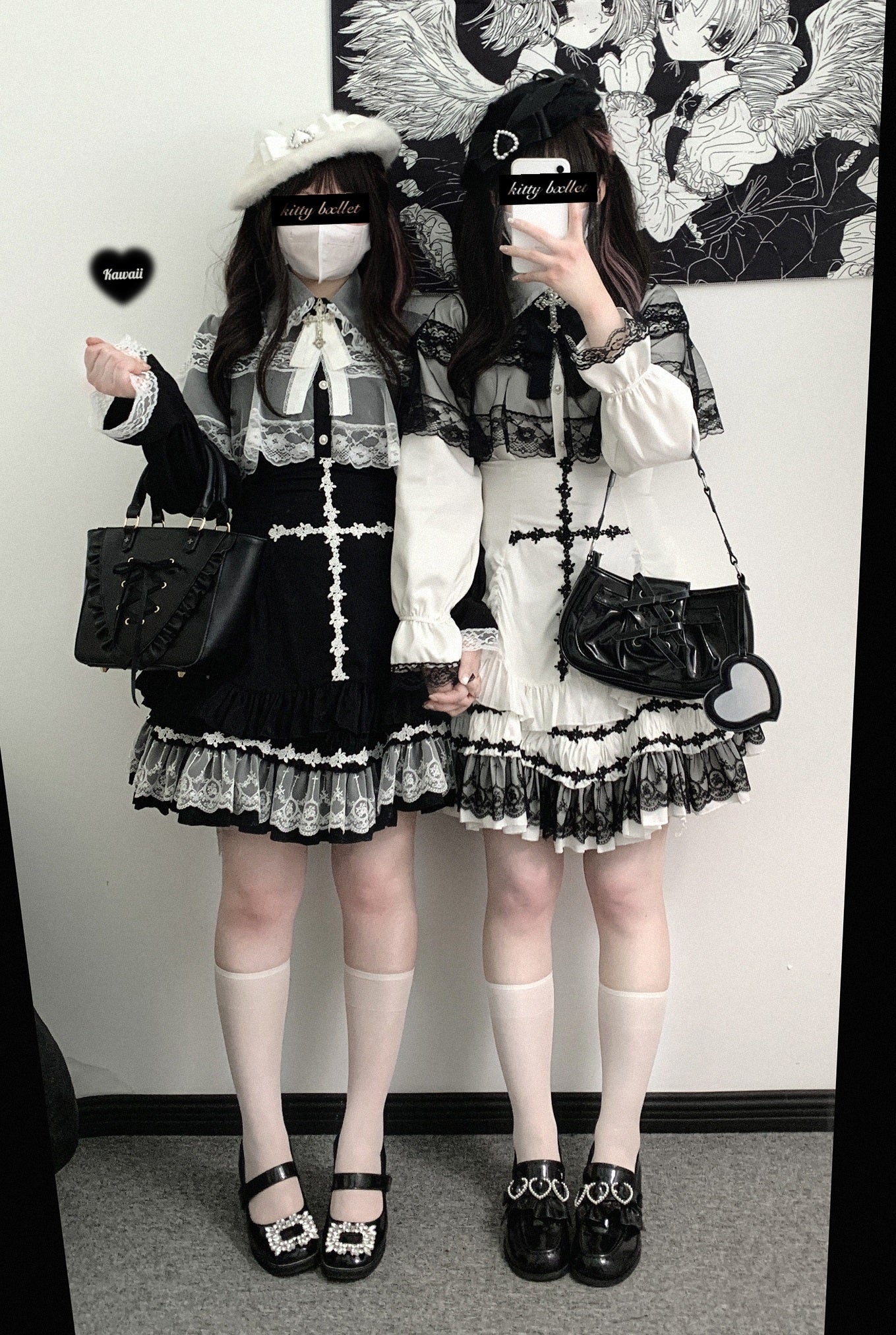 Jirai Kei style high-waisted skirt with large lace cross and ruffle hem