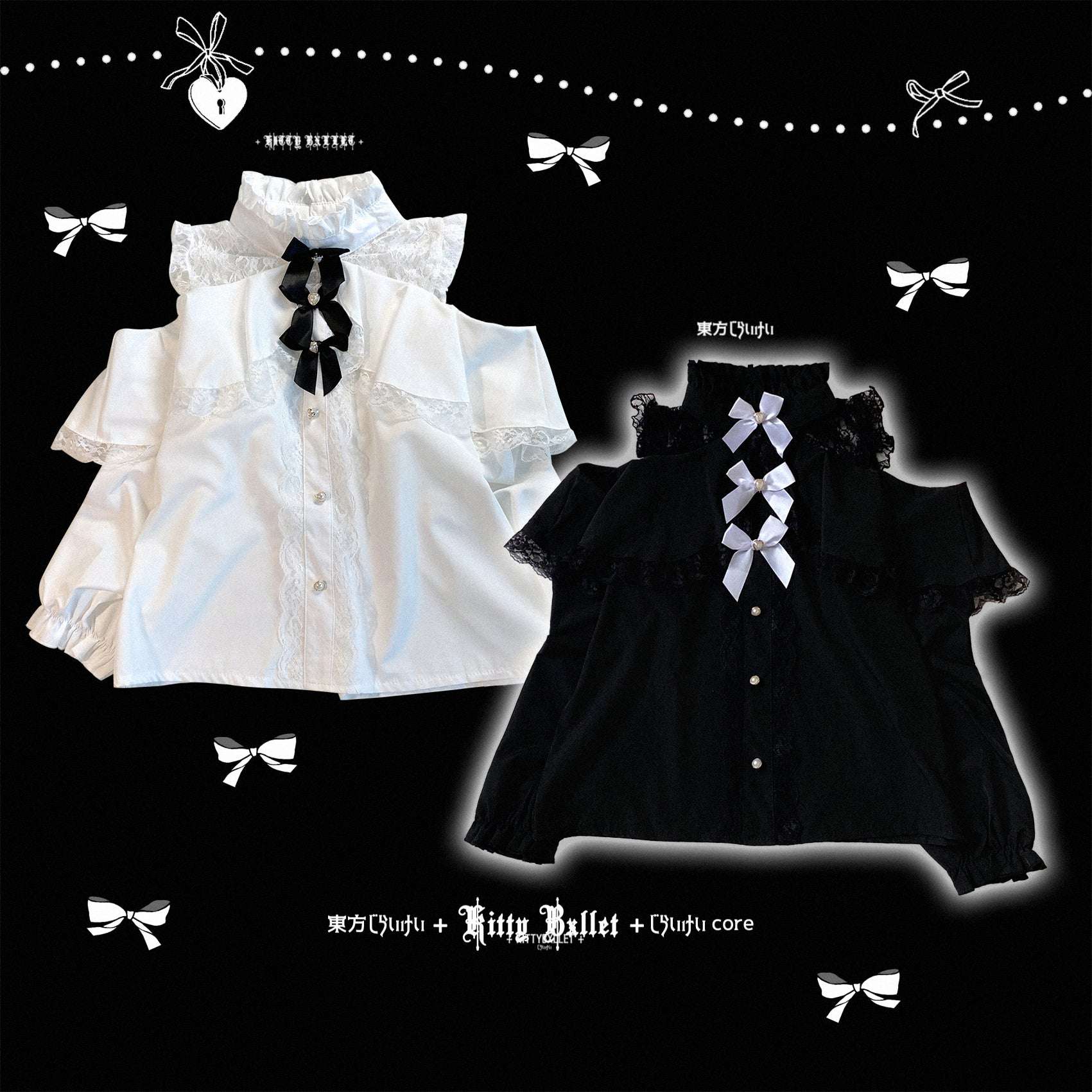 White and black dresses with ruffles and bows on a black background with decorative elements.
