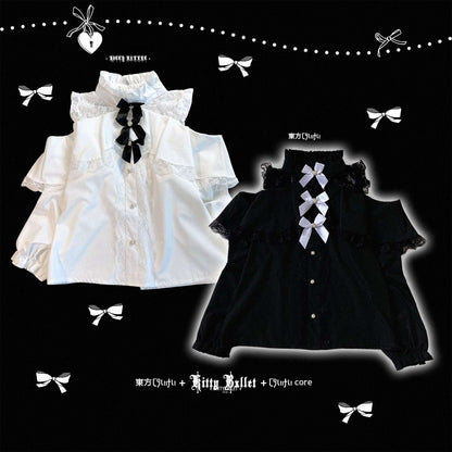 White and black dresses with ruffles and bows on a black background with decorative elements.