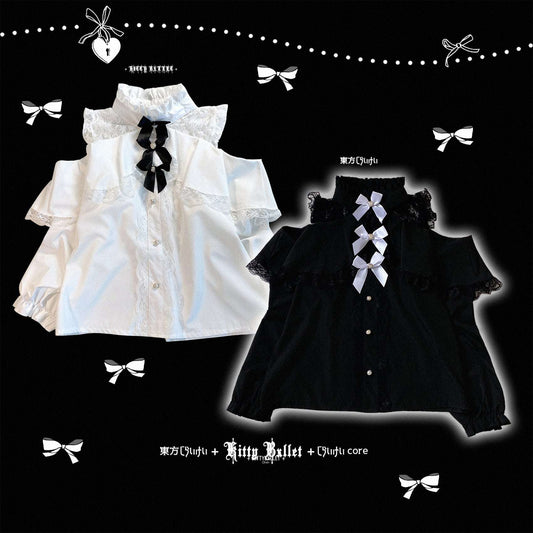 White and black dresses with ruffles and bows on a black background with decorative elements.