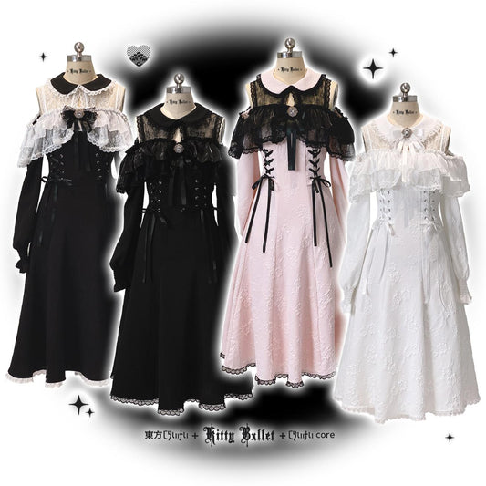 Four dresses on mannequins with lace details and black accents, labeled 'Kitty Bullet'.