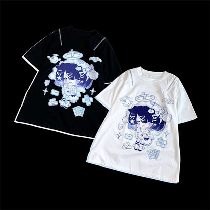 Black and white t-shirts with cartoon character design on a black background