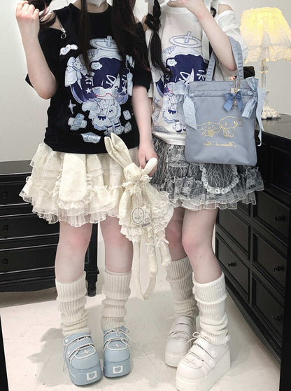 Two people wearing cute outfits with skirts and accessories in a room.