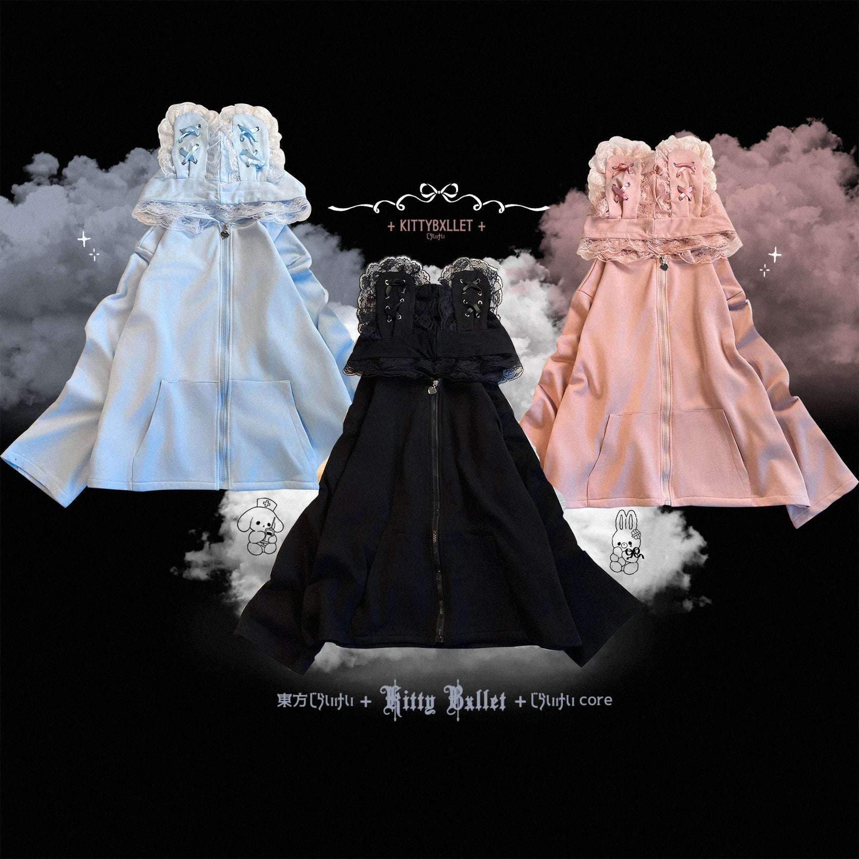 Three jirai kei hoodies in white, black, and pink on a dark background with cloud effects.