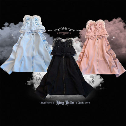 Three jirai kei hoodies in white, black, and pink on a dark background with cloud effects.