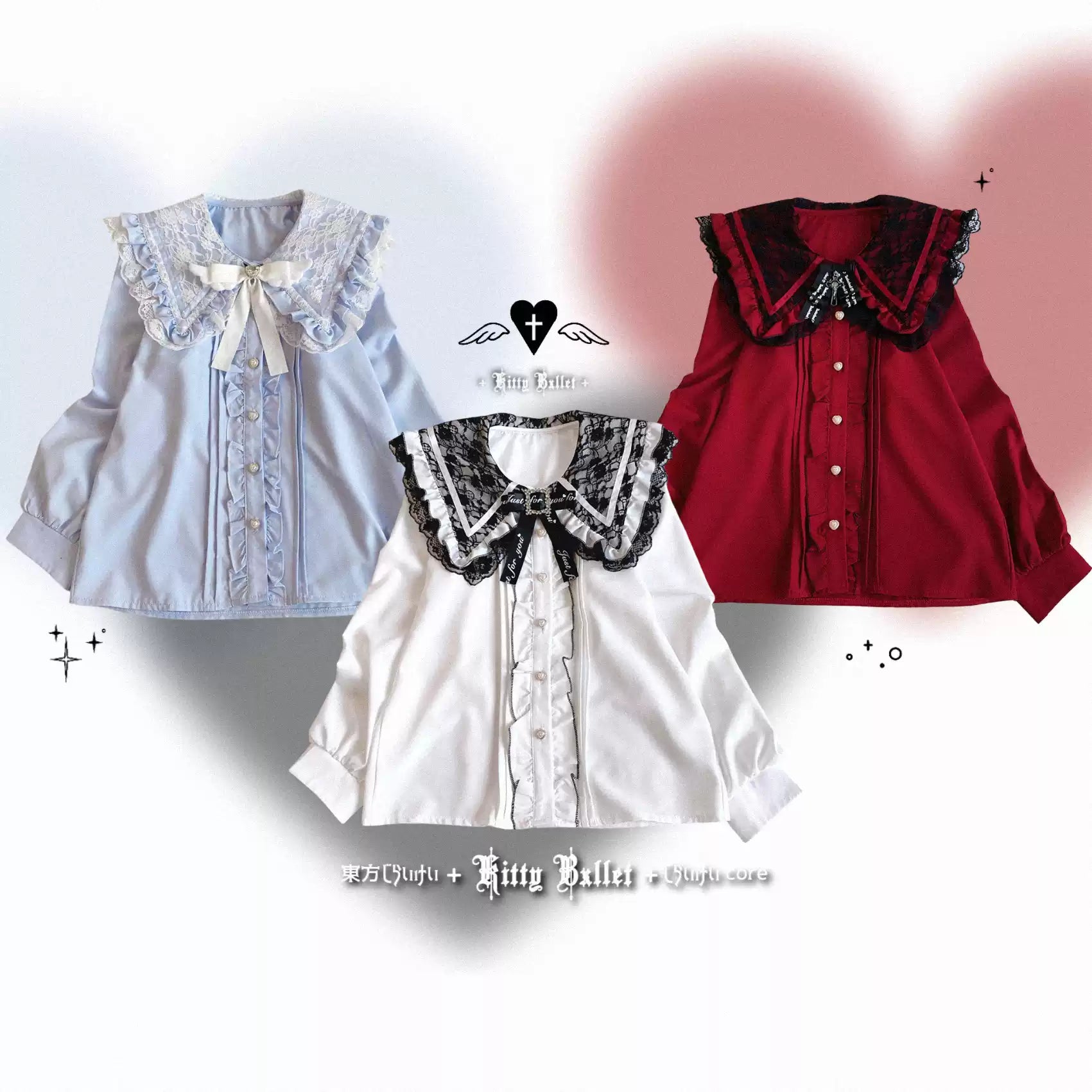 Three shirts with lace collars jirai kei on a white background
