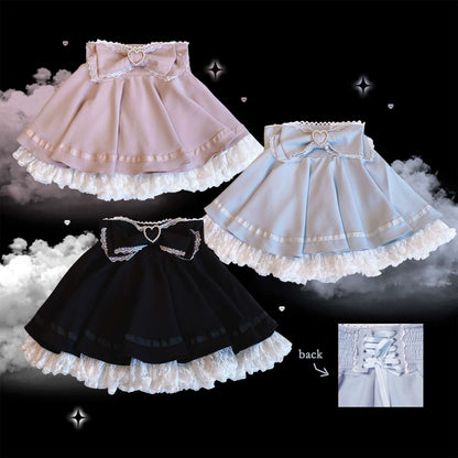 Three skirts in pink, black, and white with lace trim on a cloud and starry background.