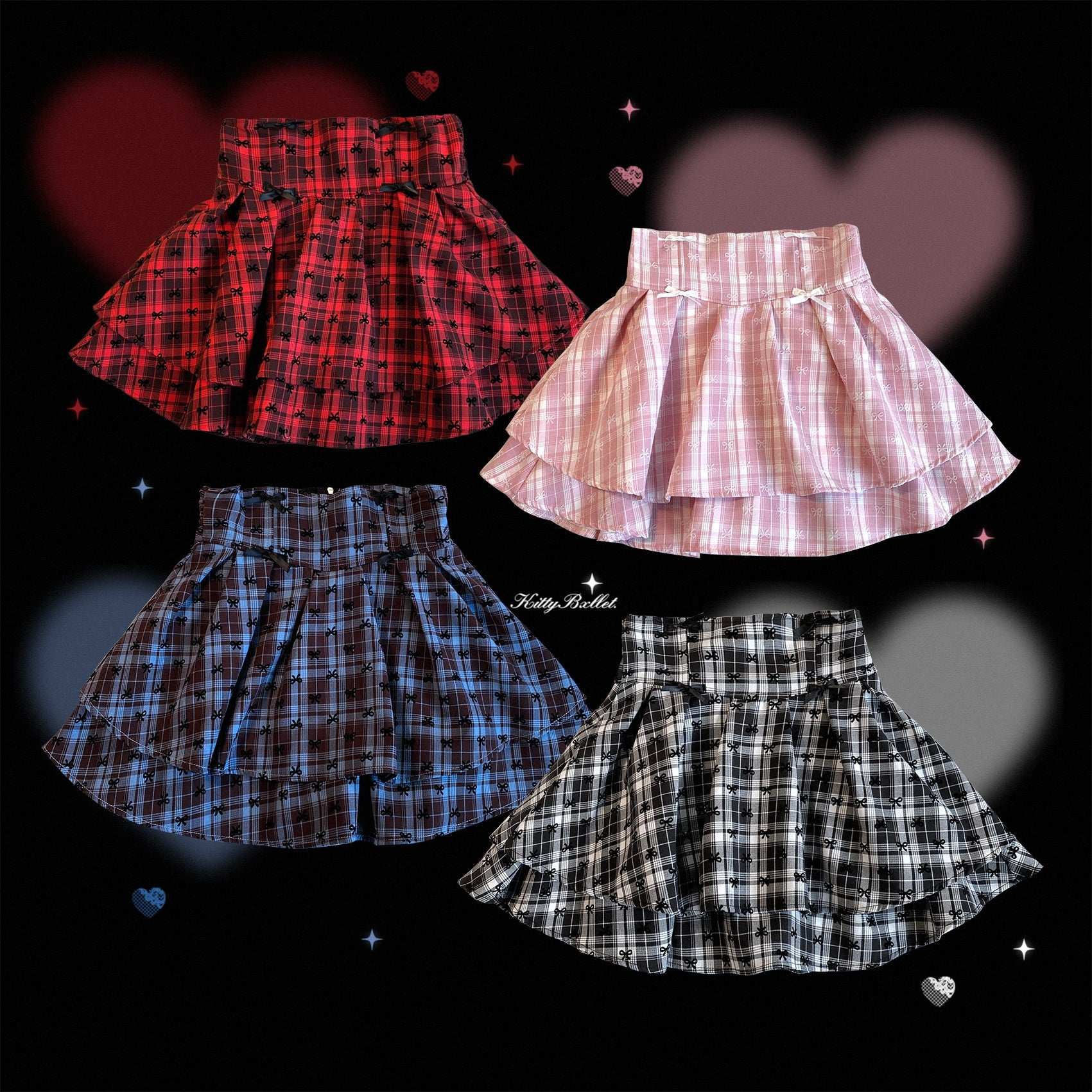 Four plaid skirts in different colors on a black background with heart shapes.
