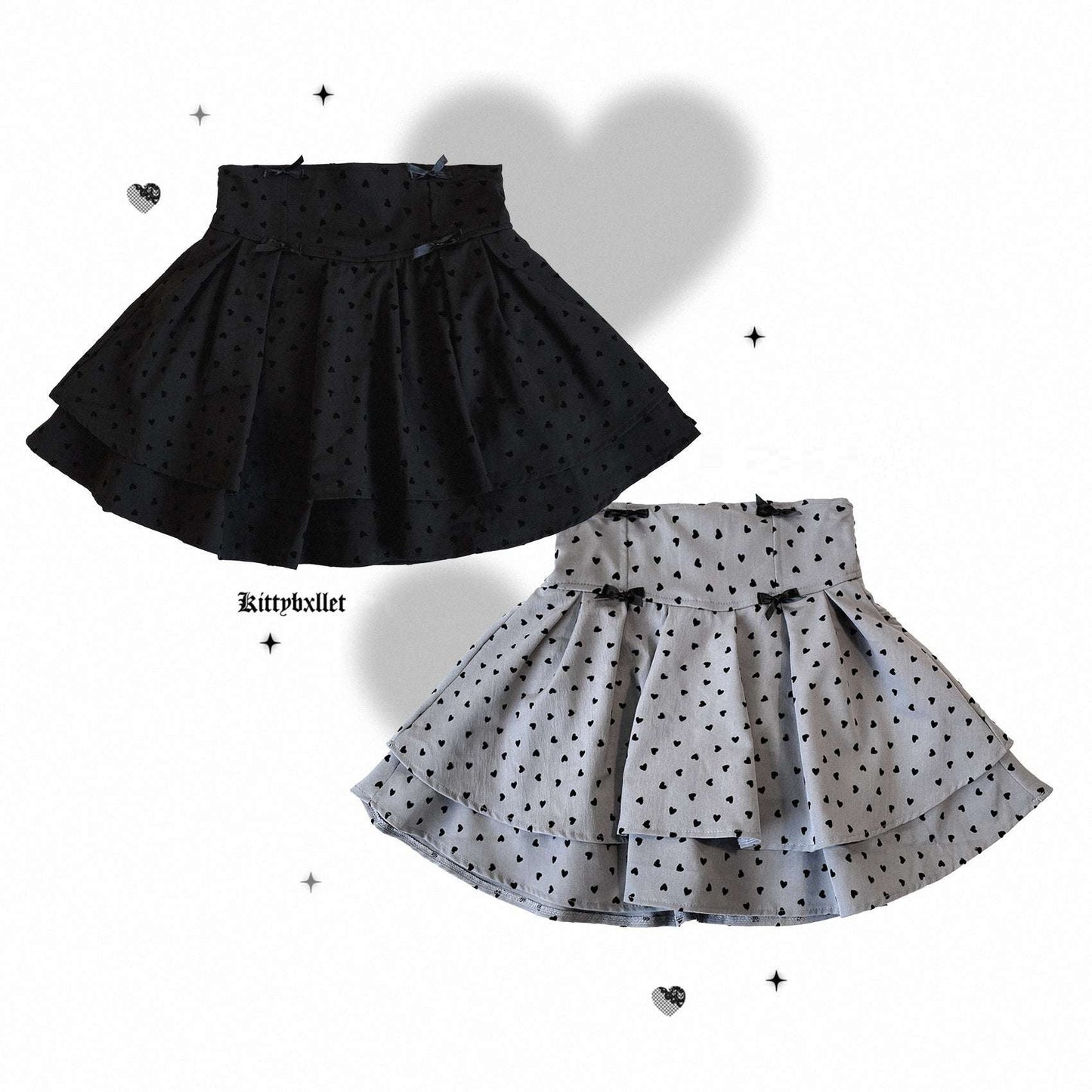 Two polka dot skirts, one black and one gray with black dots, on a white background.