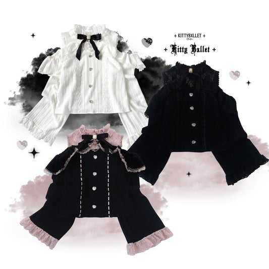 Black and white clothing set with ruffles and bows on a white background, featuring the brand 'Kitty Bullet'.