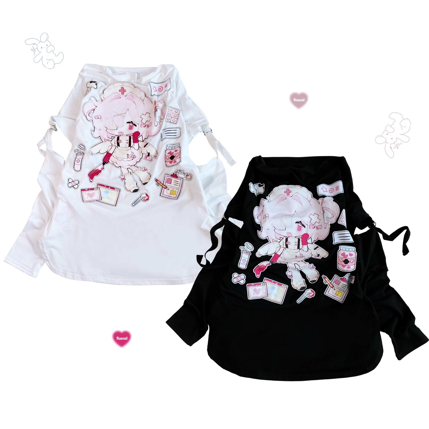 Two shirts, one white and one black, with cartoon character designs on a white background.