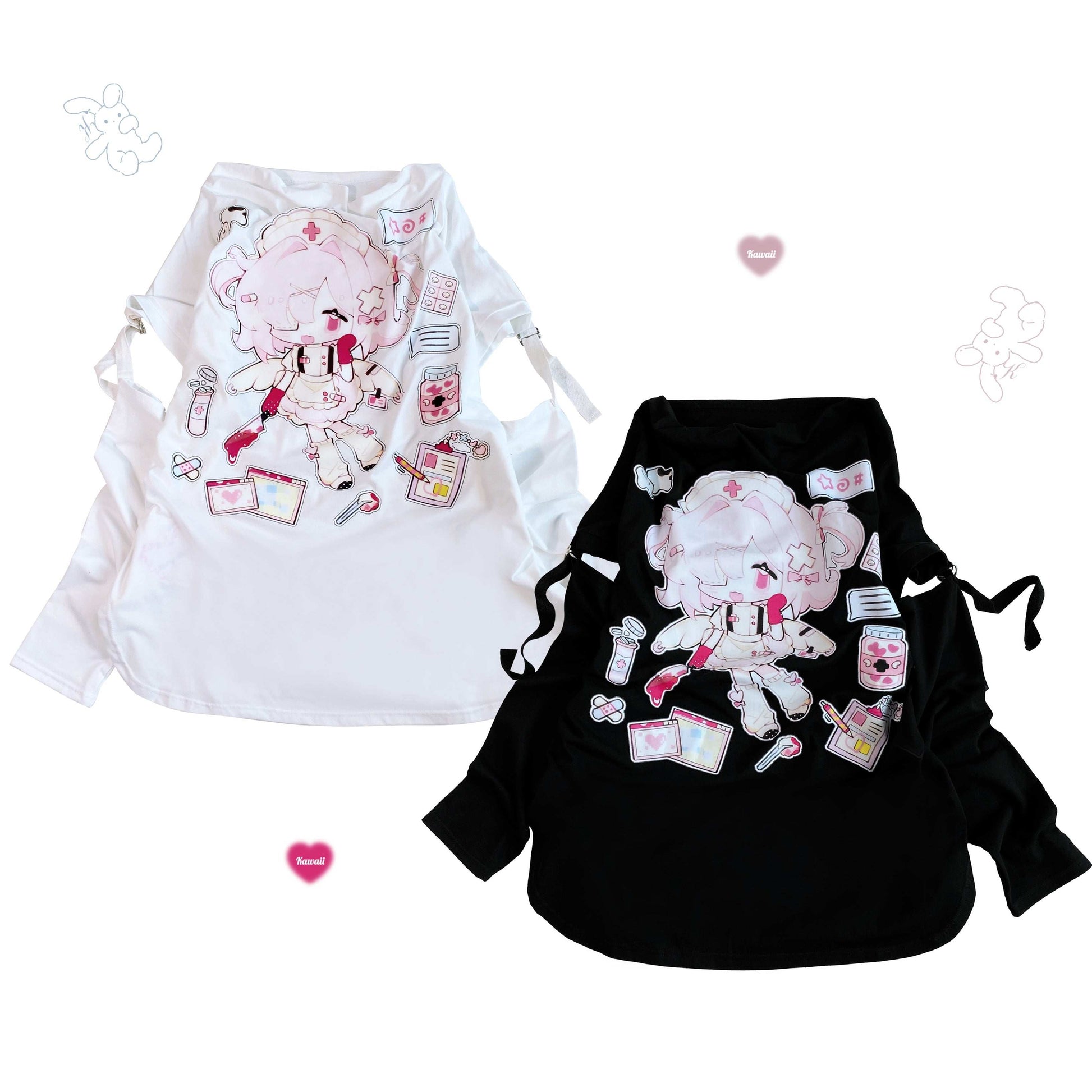 Two shirts, one white and one black, with cartoon character designs on a white background.