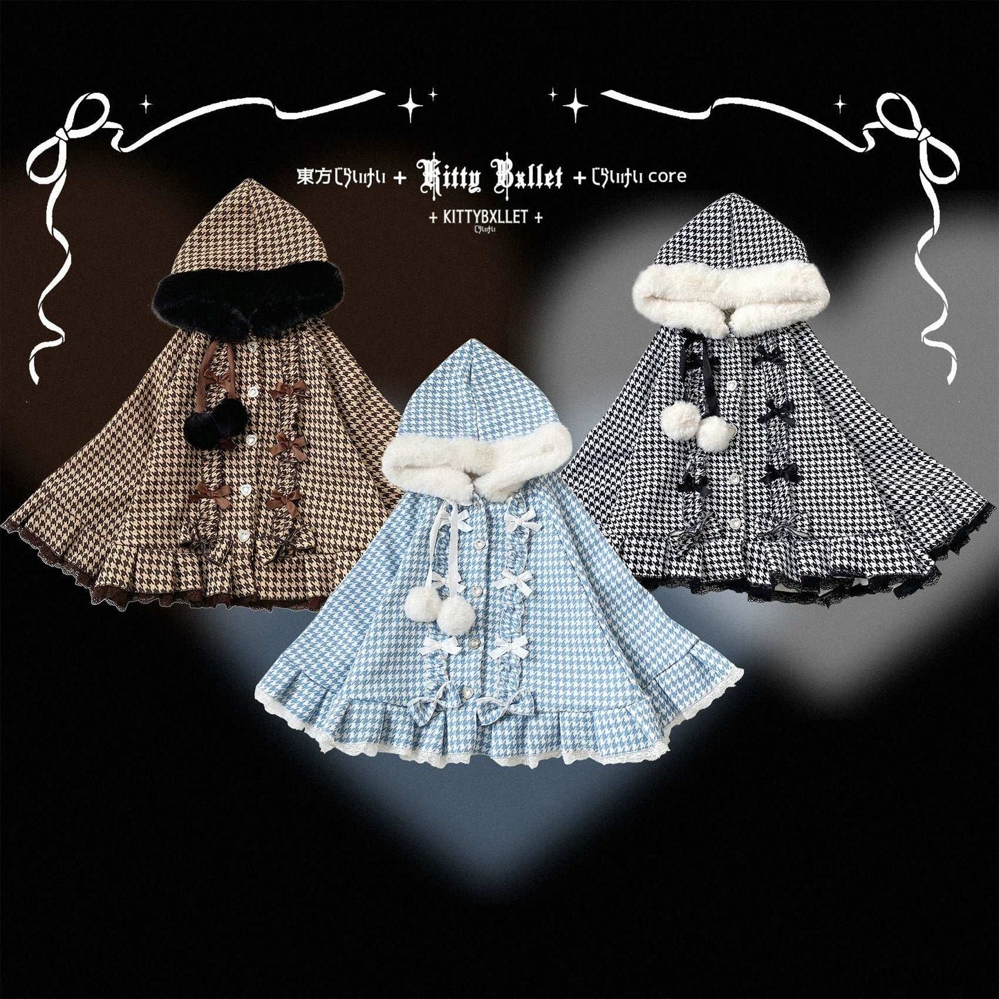 Three gingham-patterned capes with decorative elements on a dark background