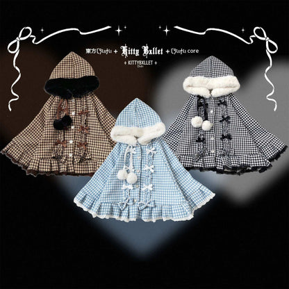 Three gingham-patterned capes with decorative elements on a dark background