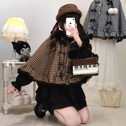 Person wearing a brown checkered coat and black skirt, holding a keyboard-themed bag, in a room with a lamp and doll.